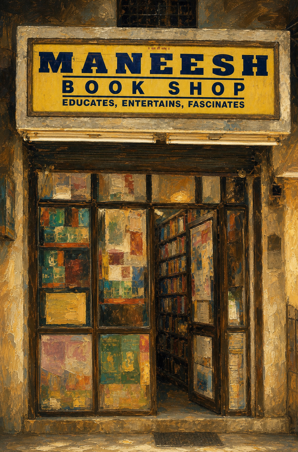 The Maneesh Book Shop storefront in Vadodara, with its painted yellow signboard above the door